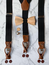 Black Leather Trim Suspenders, Wooden Bowtie & Cufflinks Set