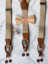 Oatmeal Leather Trim Suspenders, Wooden Bowtie & Cufflinks Set