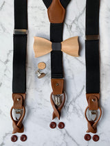 Black Leather Trim Suspenders, Wooden Bowtie & Cufflinks Set