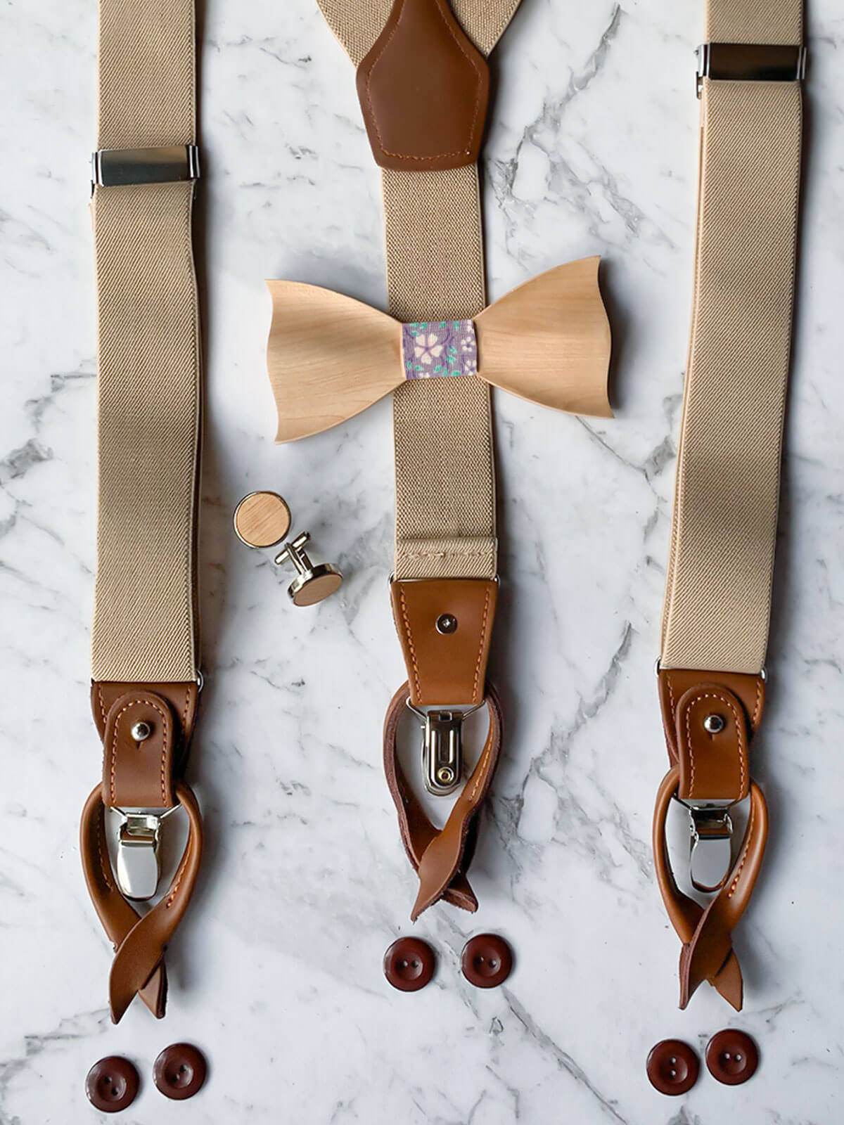 Oatmeal Leather Trim Suspenders, Wooden Bowtie & Cufflinks Set