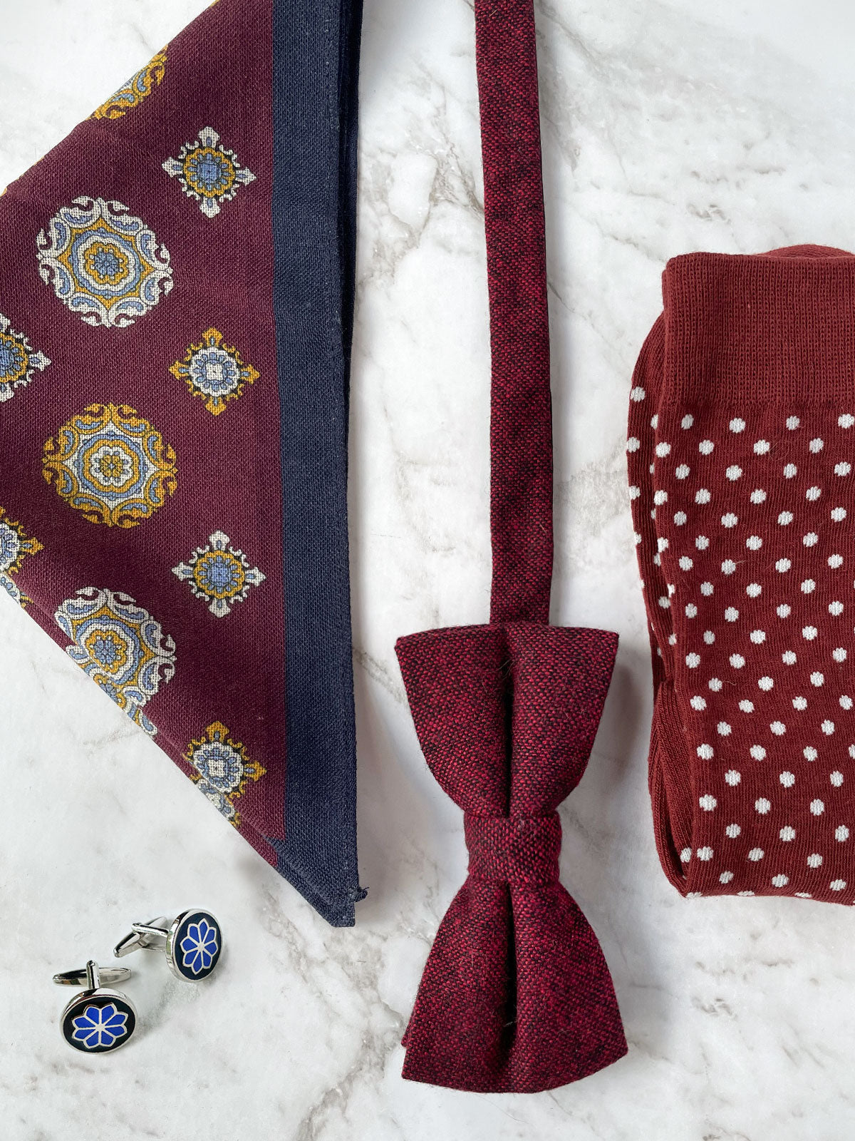 Paisley Circles Burgundy Wool Bow Tie Set
