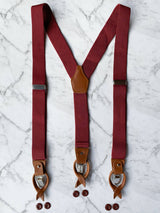 Burgundy Leather Trim Suspenders & Linen/Cotton Floral Bow Tie Set