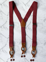Red Leather Trim Suspenders, Wooden Bowtie & Cufflinks Set