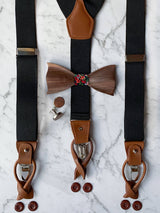 Black Leather Trim Suspenders, Wooden Bowtie & Cufflinks Set