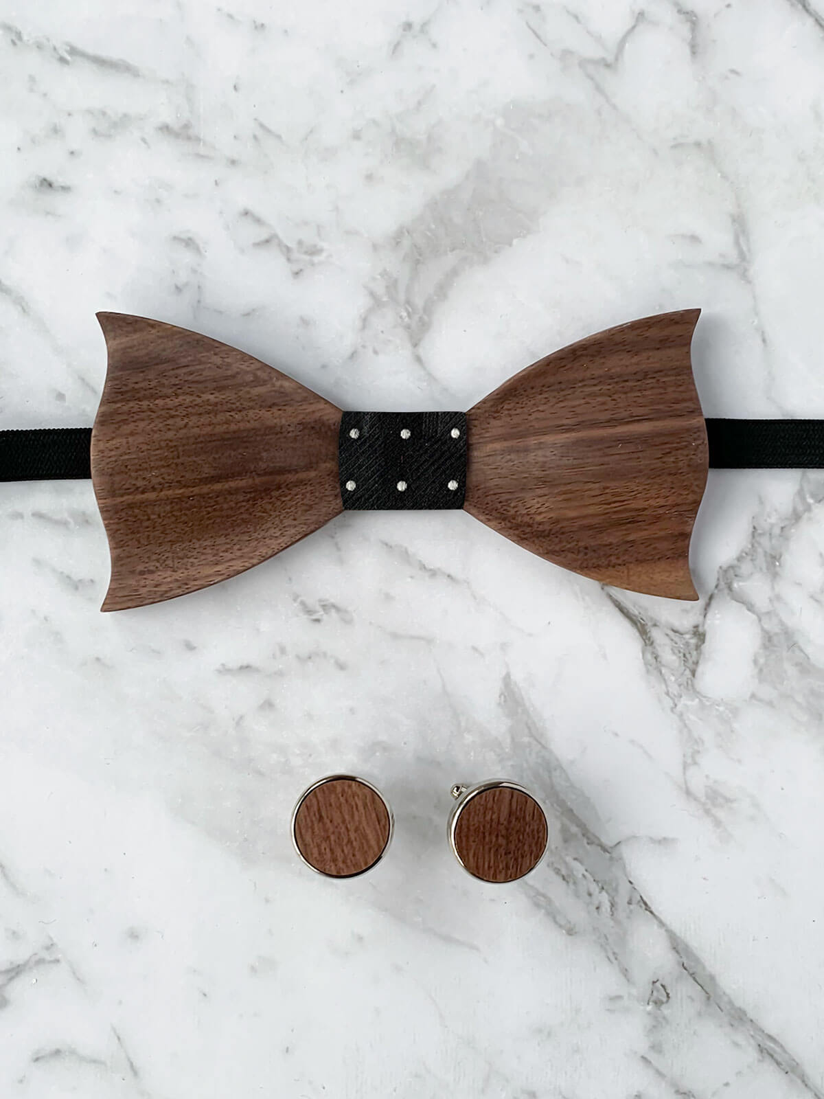 Wooden Bow Tie & Wooden Cufflinks | Dark Wood Walnut & Black Silk Bowtie