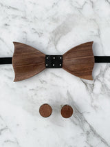 Wooden Bow Tie & Wooden Cufflinks | Dark Wood Walnut & Black Silk Bowtie