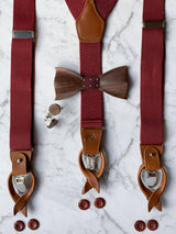 Red Leather Trim Suspenders, Wooden Bowtie & Cufflinks Set