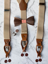 Oatmeal Leather Trim Suspenders, Wooden Bowtie & Cufflinks Set
