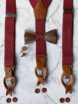Red Leather Trim Suspenders, Wooden Bowtie & Cufflinks Set