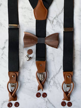 Black Leather Trim Suspenders, Wooden Bowtie & Cufflinks Set