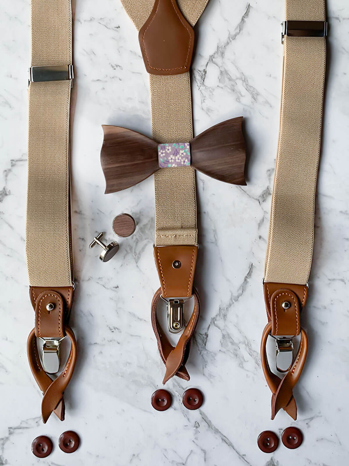 Oatmeal Leather Trim Suspenders, Wooden Bowtie & Cufflinks Set