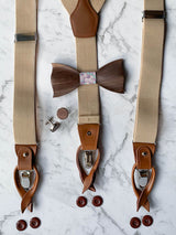 Oatmeal Leather Trim Suspenders, Wooden Bowtie & Cufflinks Set