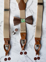 Oatmeal Leather Trim Suspenders, Wooden Bowtie & Cufflinks Set