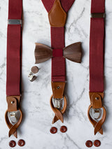 Red Leather Trim Suspenders, Wooden Bowtie & Cufflinks Set