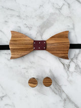 Wooden Bow Tie & Wooden Cufflinks | Zebra Wood Burgundy Silk Bowtie