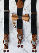 Black Leather Trim Suspenders, Wooden Bowtie & Cufflinks Set