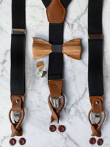 Black Leather Trim Suspenders, Wooden Bowtie & Cufflinks Set