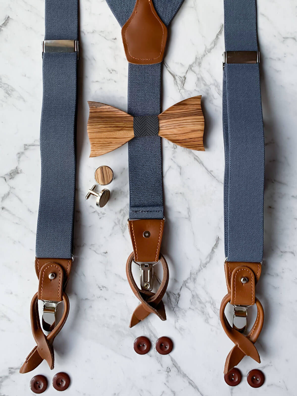 Blue Grey Leather Trim Suspenders, Wooden Bow Tie & Cufflinks Set
