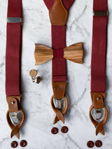 Red Leather Trim Suspenders, Wooden Bowtie & Cufflinks Set
