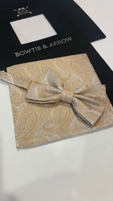 Gold Paisley Deluxe Silk Bow Tie & Pocket Square Set