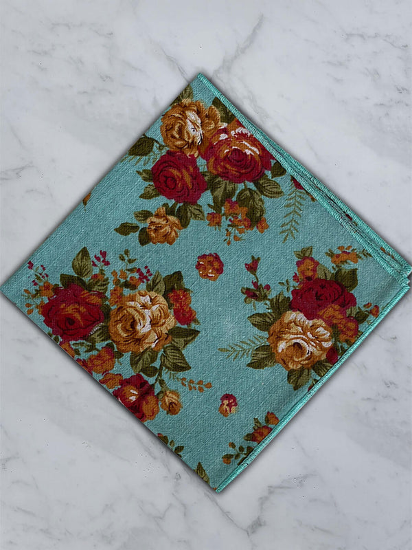 Sky Blue Linen Floral Tie and Pocket Square Set