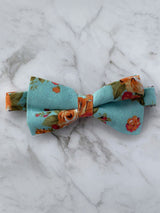Sky Blue Linen Floral Bow Tie and Pocket Square Set