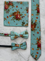 Sky Blue Linen Floral Bow Tie and Pocket Square Set