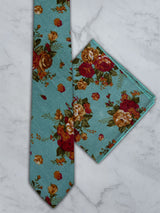Sky Blue Linen Floral Tie and Pocket Square Set