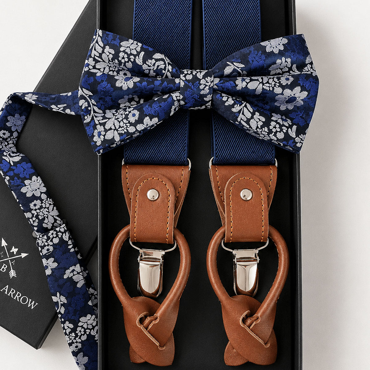 Navy Sakura Silk Bow Tie and Leather Trim Suspenders Set