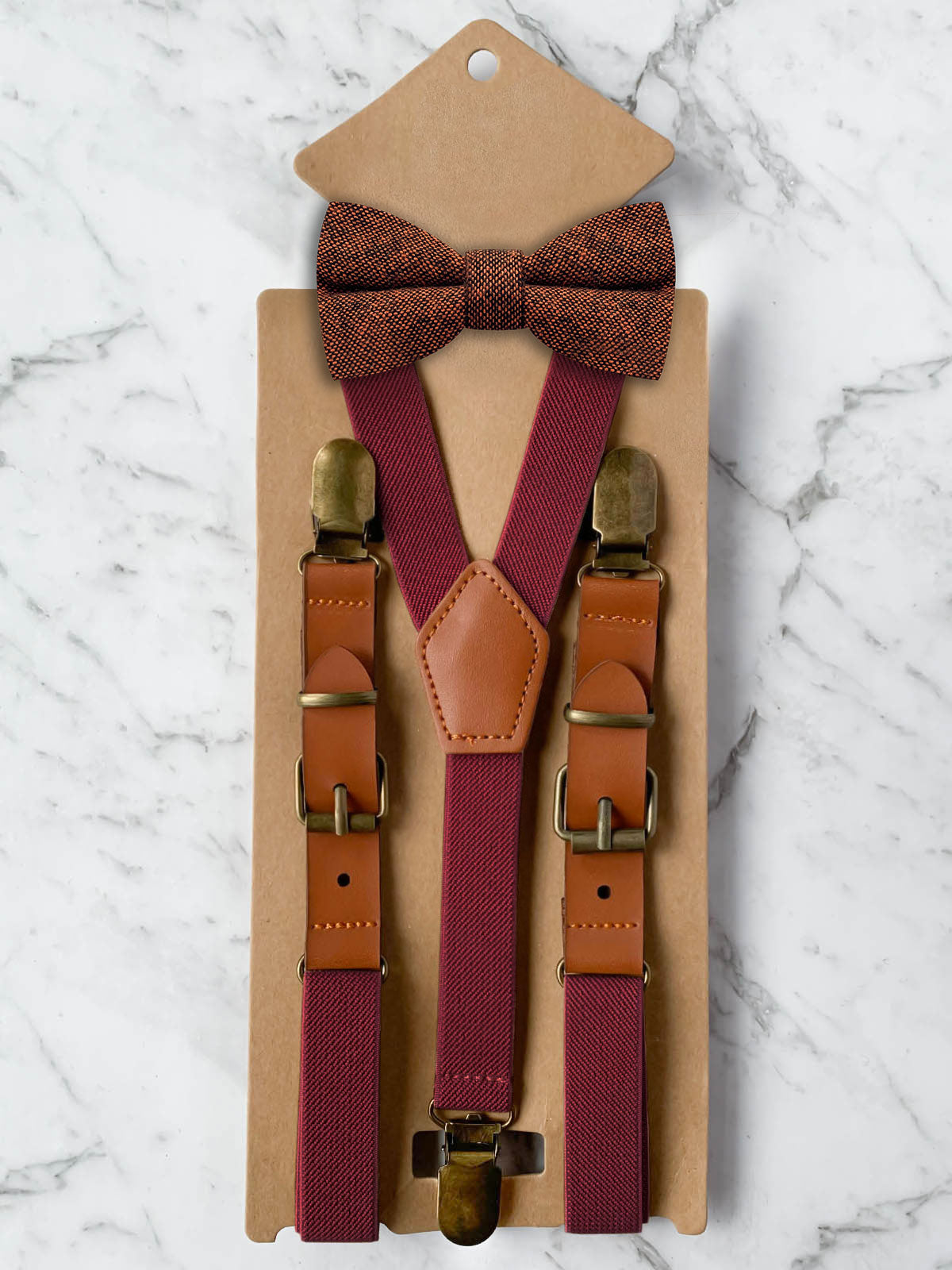 Kids Burgundy Suspenders & Wool Bow Tie Set