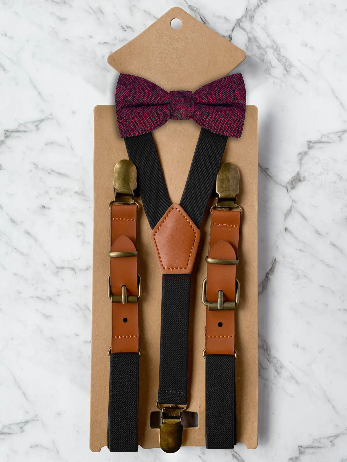 Kids Black Suspenders & Wool Bow Tie Set