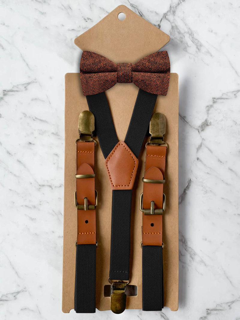Kids Black Suspenders & Wool Bow Tie Set