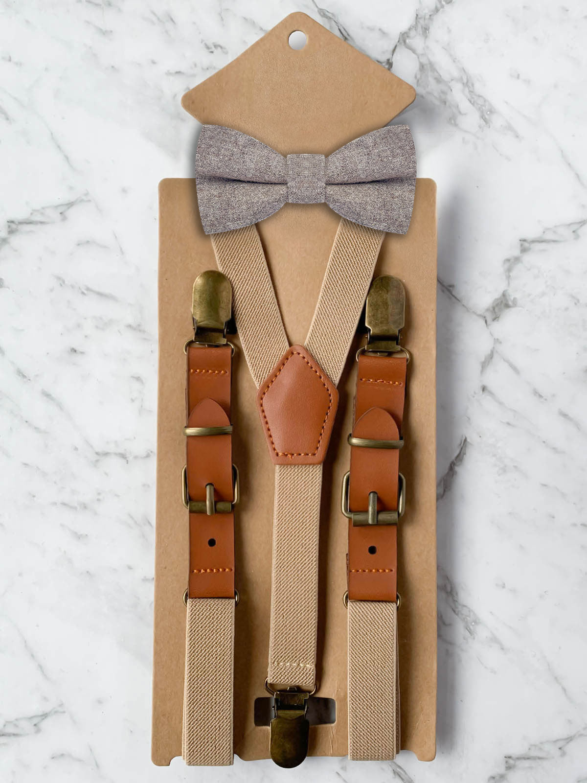 Kids Oatmeal Suspenders & Wool Bow Tie Set