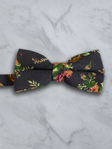 Charcoal Linen Floral Bow Tie and Pocket Square Set
