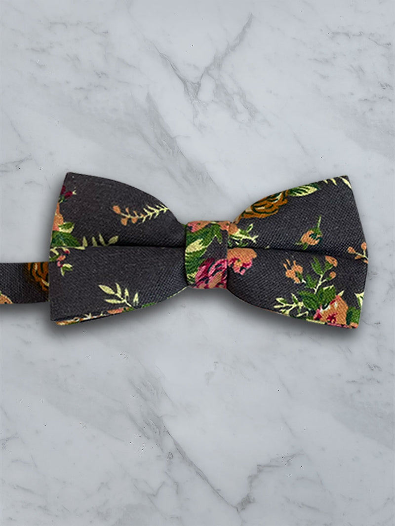 Charcoal Linen Floral Bow Tie and Pocket Square Set
