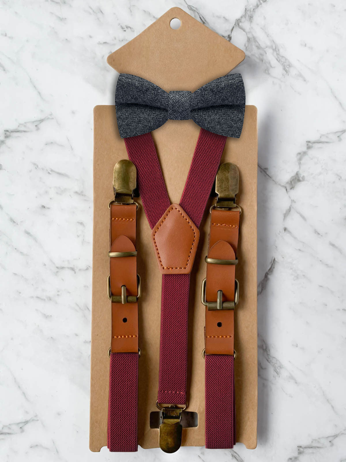 Kids Burgundy Suspenders & Wool Bow Tie Set
