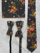 Charcoal Linen Floral Bow Tie and Pocket Square Set