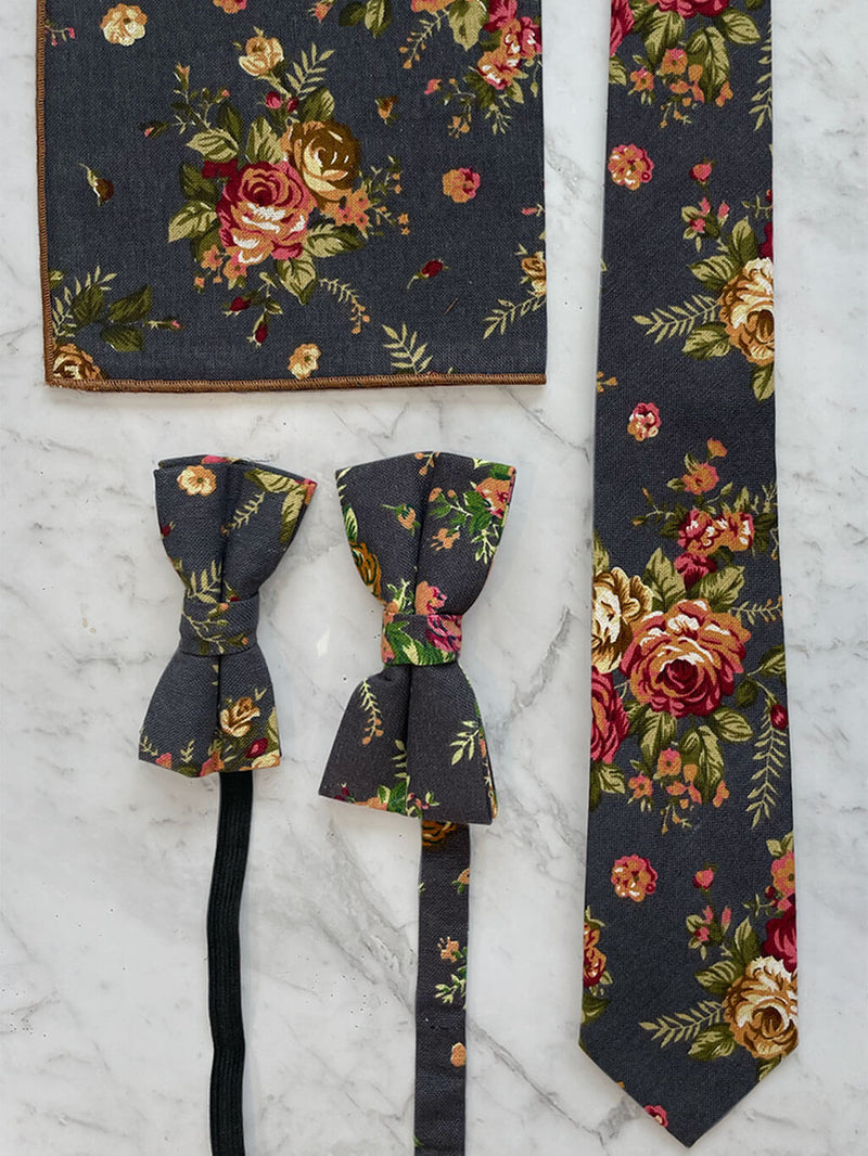 Charcoal Linen Floral Tie