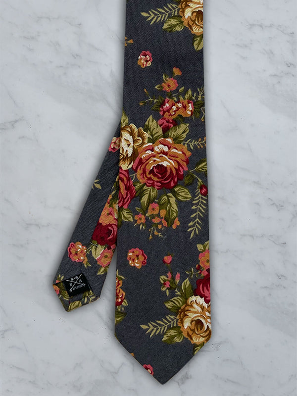 Charcoal Linen Floral Tie