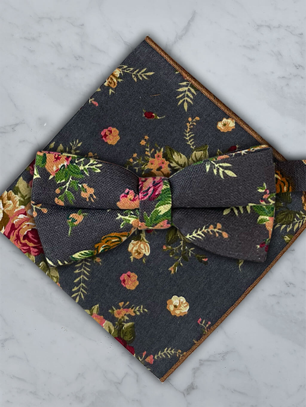 Charcoal Linen Floral Bow Tie and Pocket Square Set