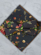 Charcoal Linen Floral Bow Tie and Pocket Square Set