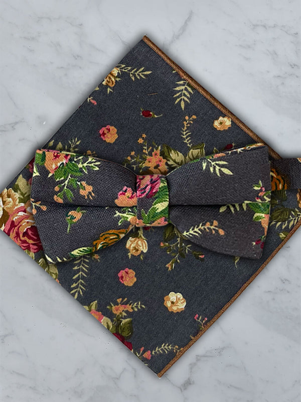 Charcoal Linen Floral Bow Tie and Pocket Square Set