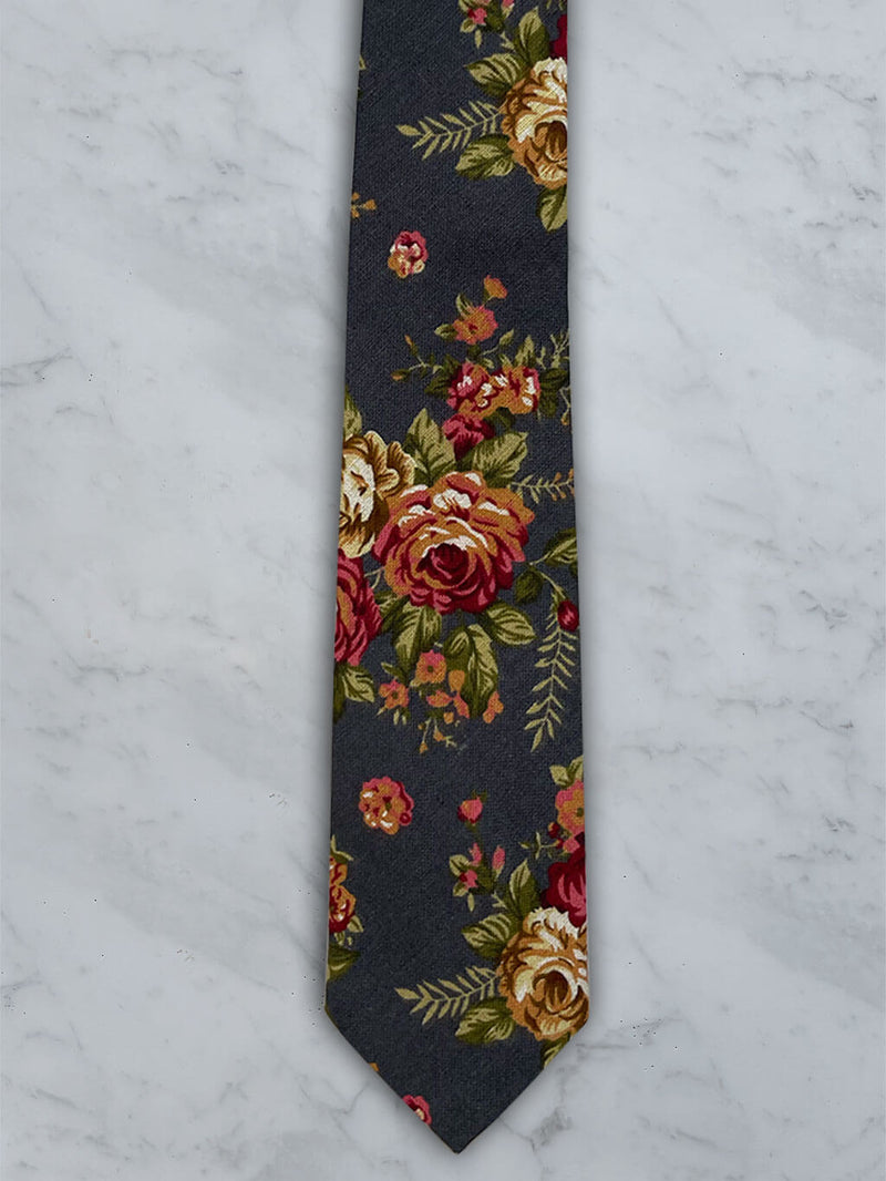 Charcoal Linen Floral Tie