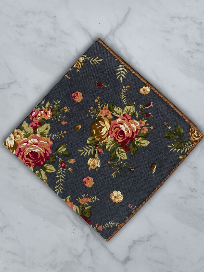 Charcoal Linen Floral Pocket Square
