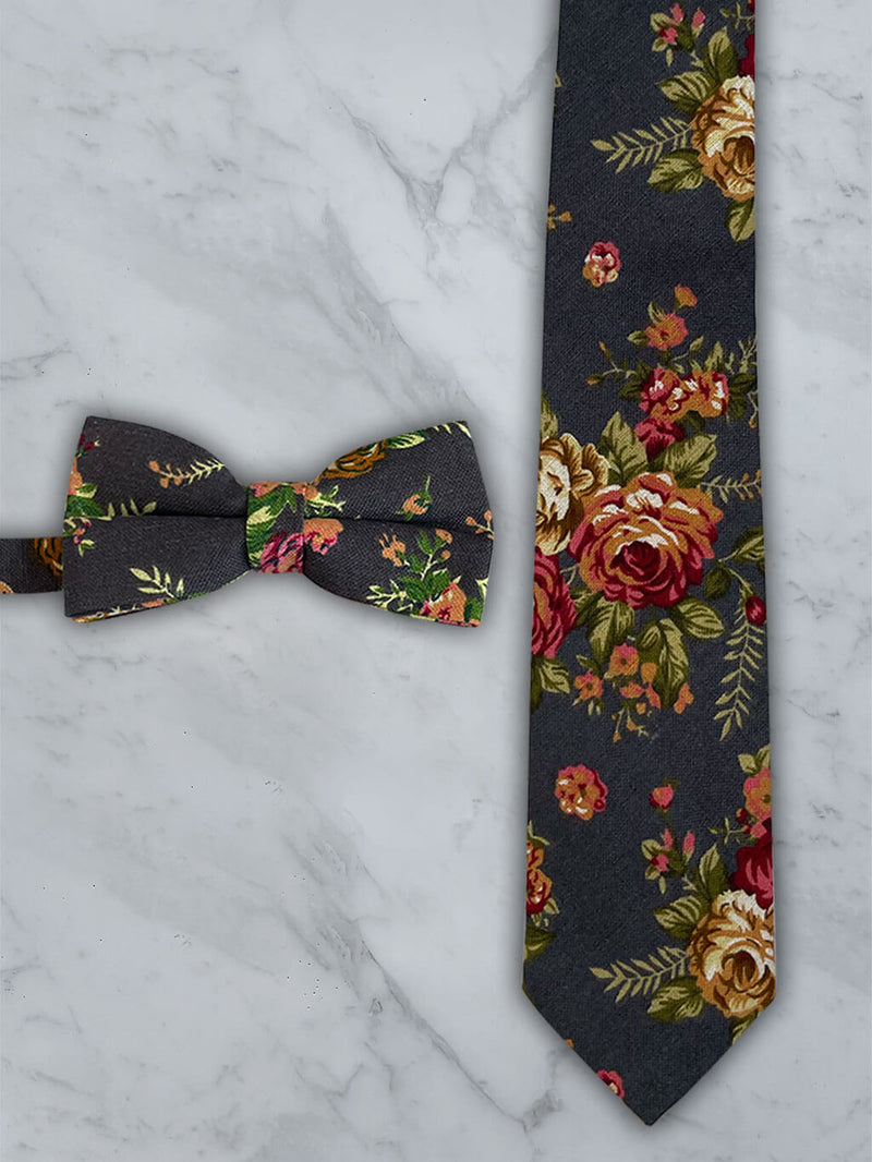 Charcoal Linen Floral Tie