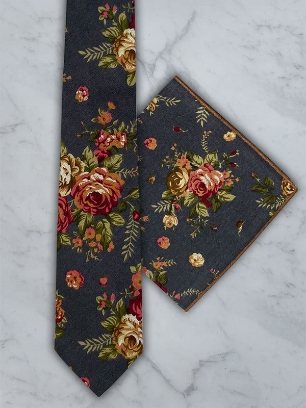 Charcoal Linen Floral Tie and Pocket Square Set