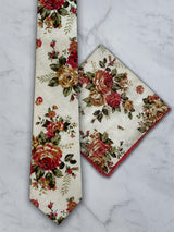 Cream Linen Floral Tie and Pocket Square Set