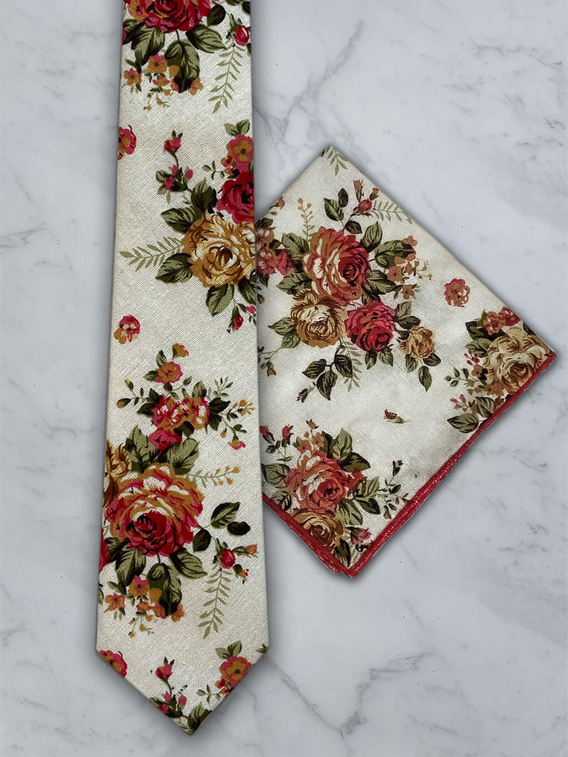 Cream Linen Floral Tie and Pocket Square Set