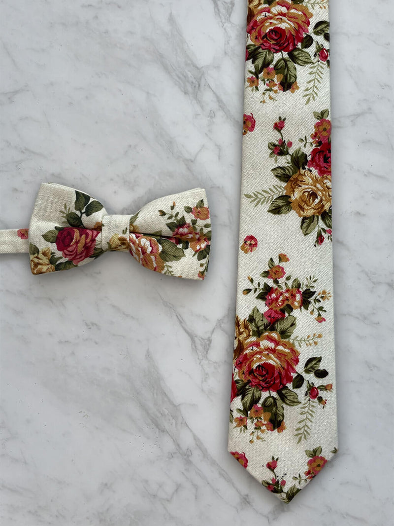 Cream Linen Floral Bow Tie and Pocket Square Set