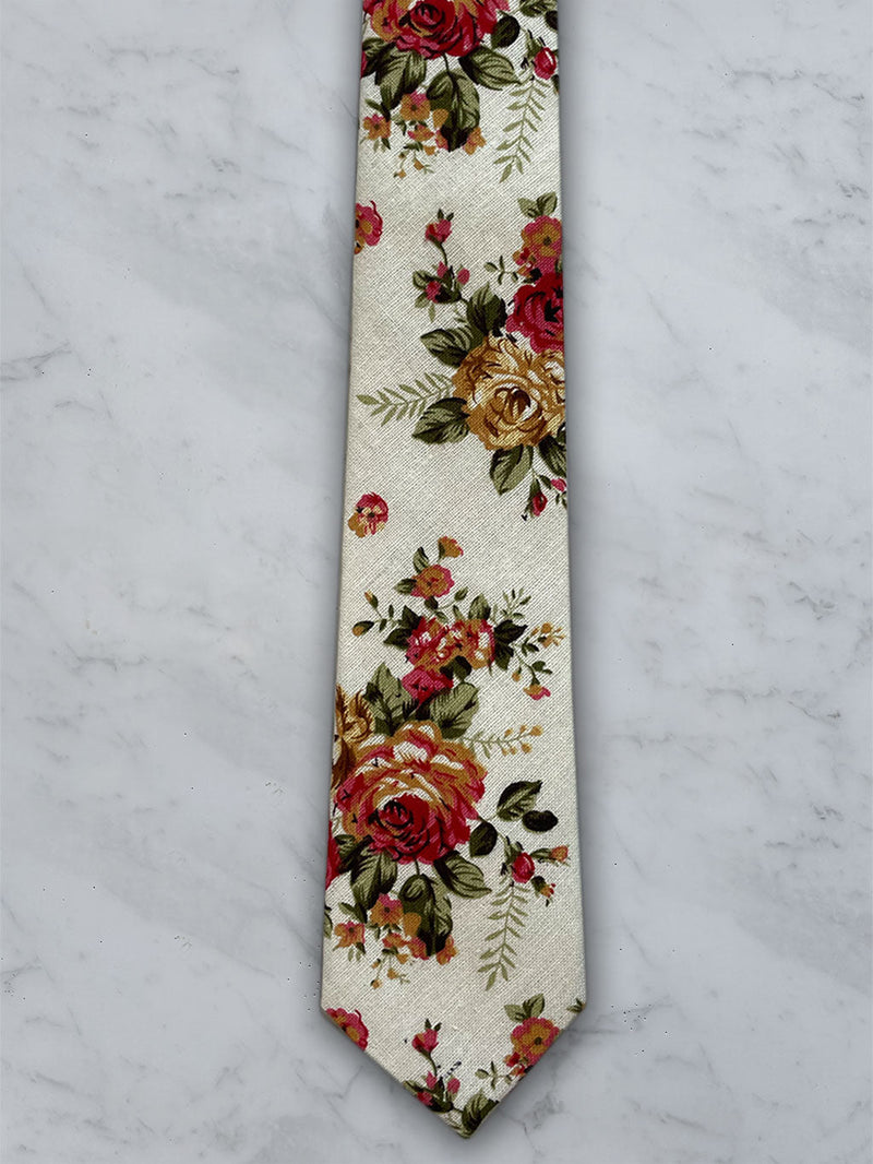 Cream Linen Floral Tie and Pocket Square Set
